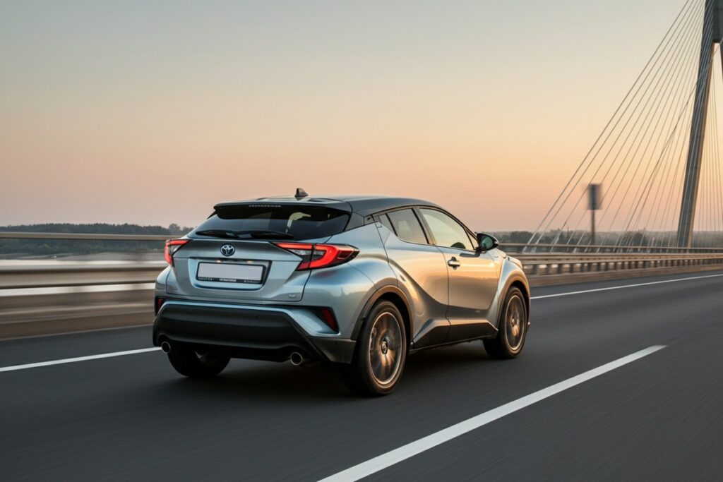 Xe Toyota chạy qua cầu dây văng lúc bình minh