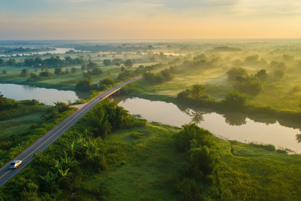 Con đường ven sông nhìn từ trên cao lúc sáng sớm sương mù
